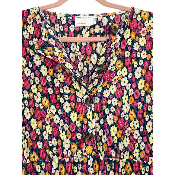 Asos Design Bright Pink Floral Oversized Short Sleeves Plisse Smock Jumpsuit 6 - Picture 2 of 12